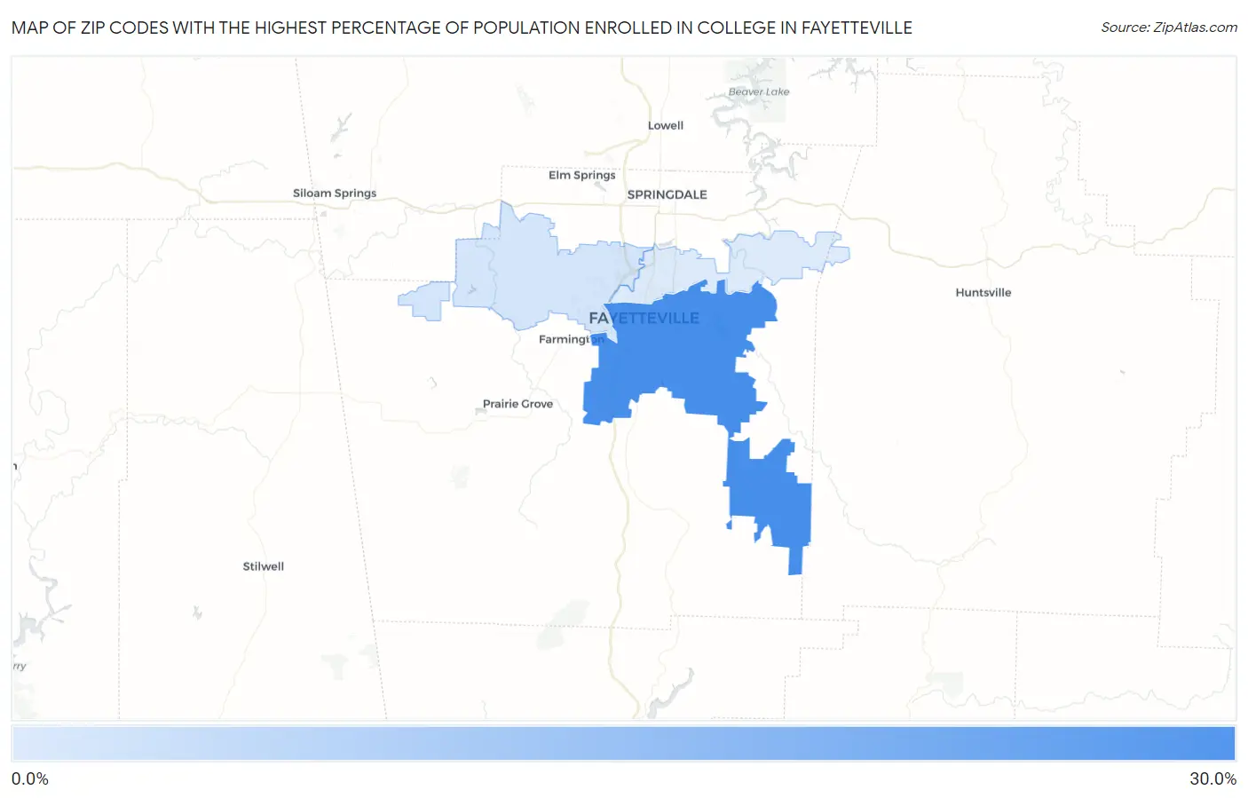 Zip Codes with the Highest Percentage of Population Enrolled in College in Fayetteville Map