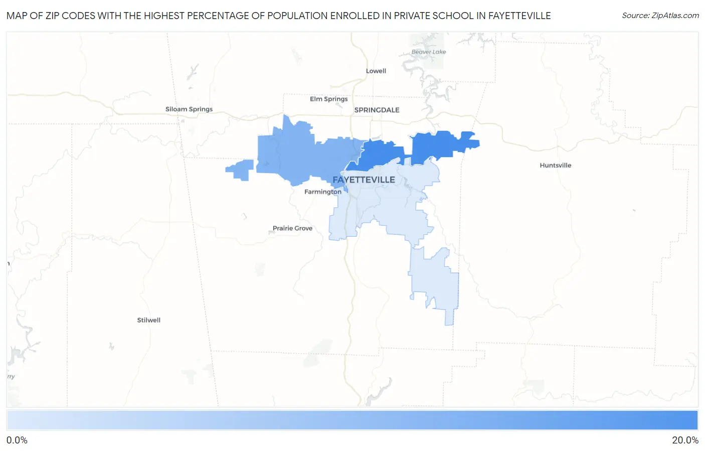 Zip Codes with the Highest Percentage of Population Enrolled in Private School in Fayetteville Map
