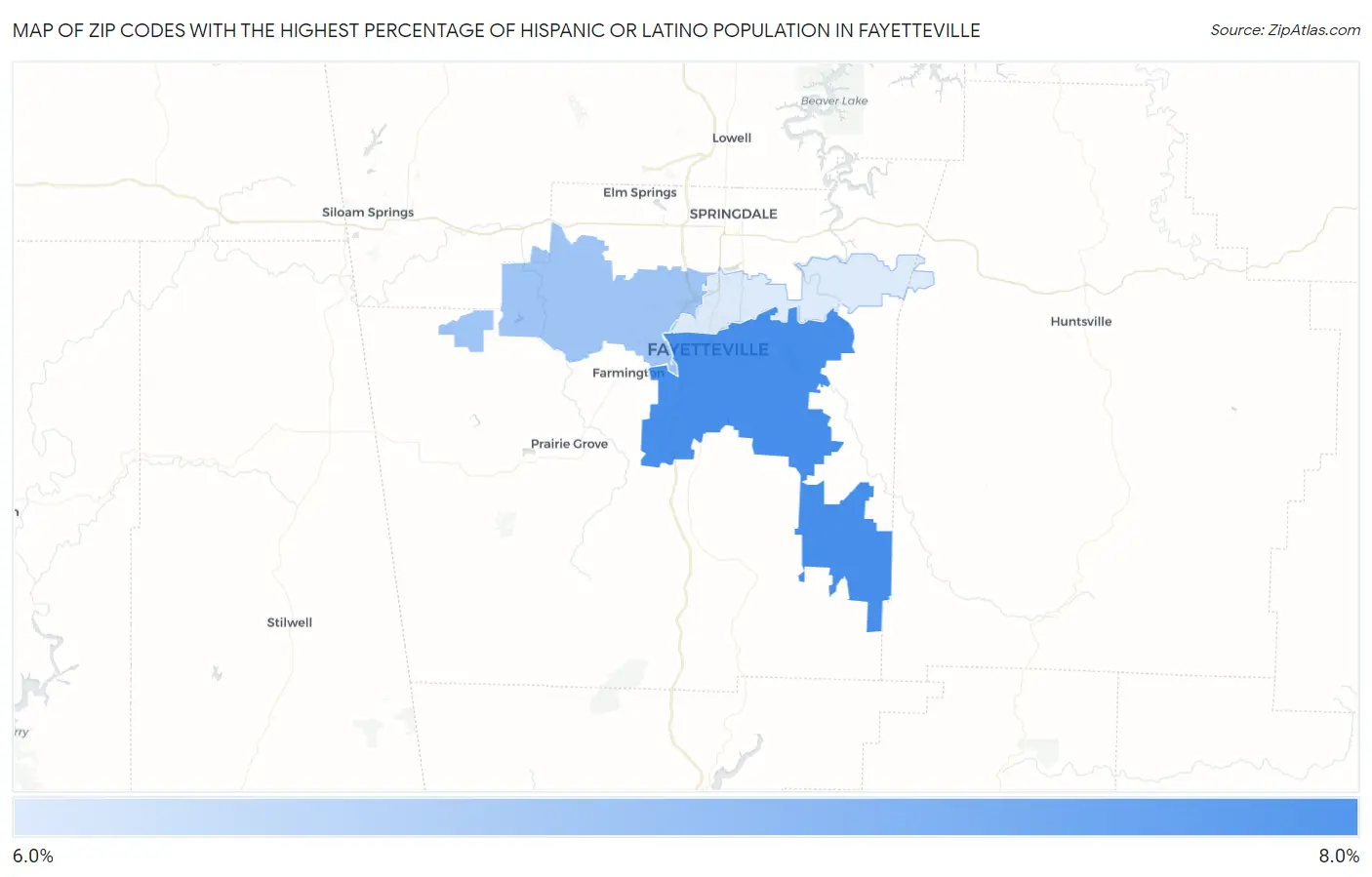Zip Codes with the Highest Percentage of Hispanic or Latino Population in Fayetteville Map