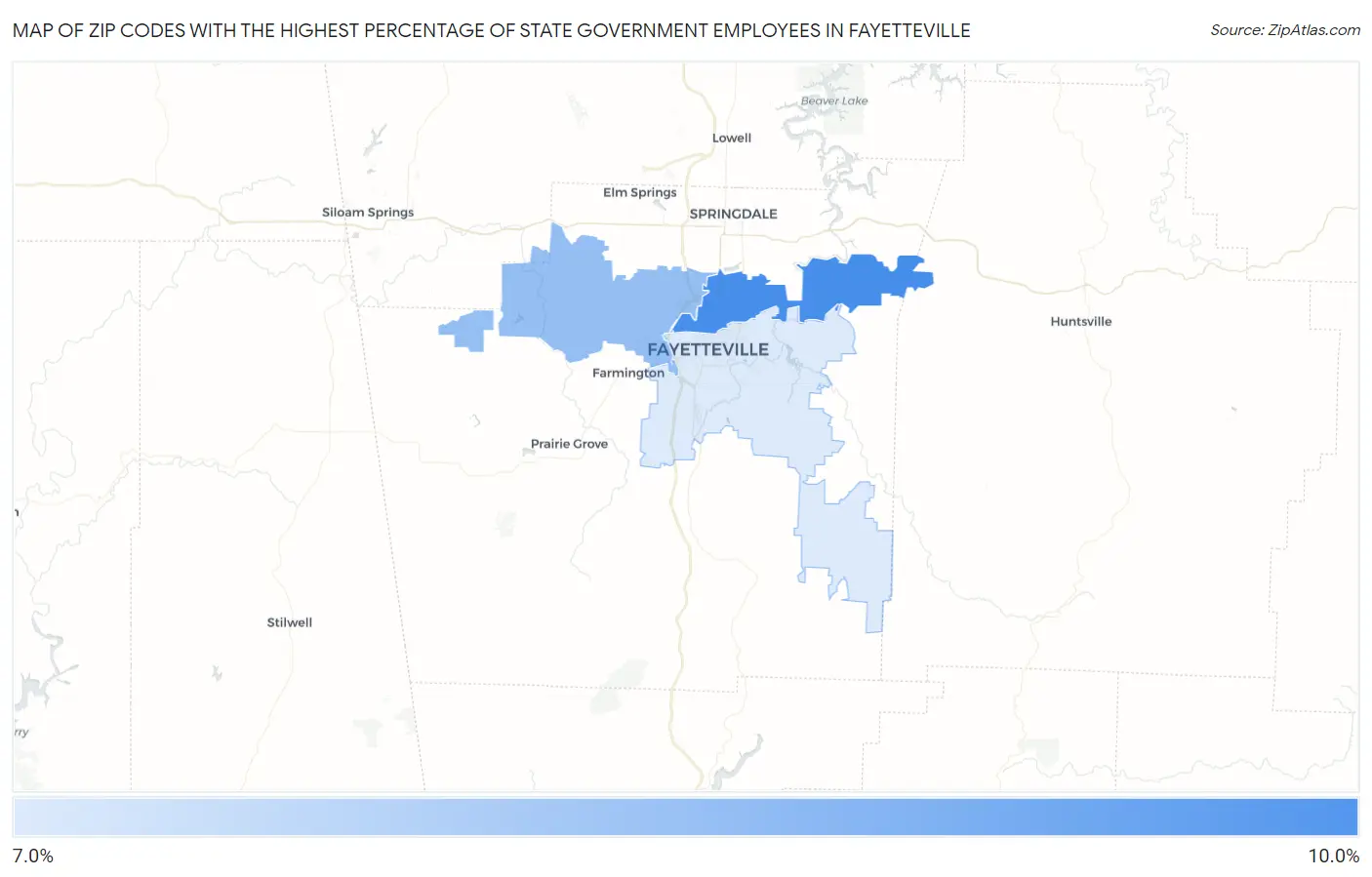 Zip Codes with the Highest Percentage of State Government Employees in Fayetteville Map