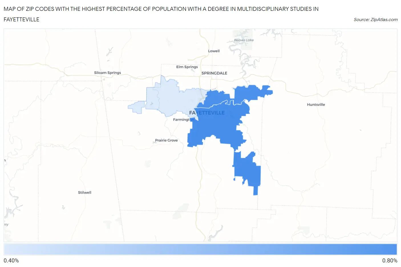 Zip Codes with the Highest Percentage of Population with a Degree in Multidisciplinary Studies in Fayetteville Map
