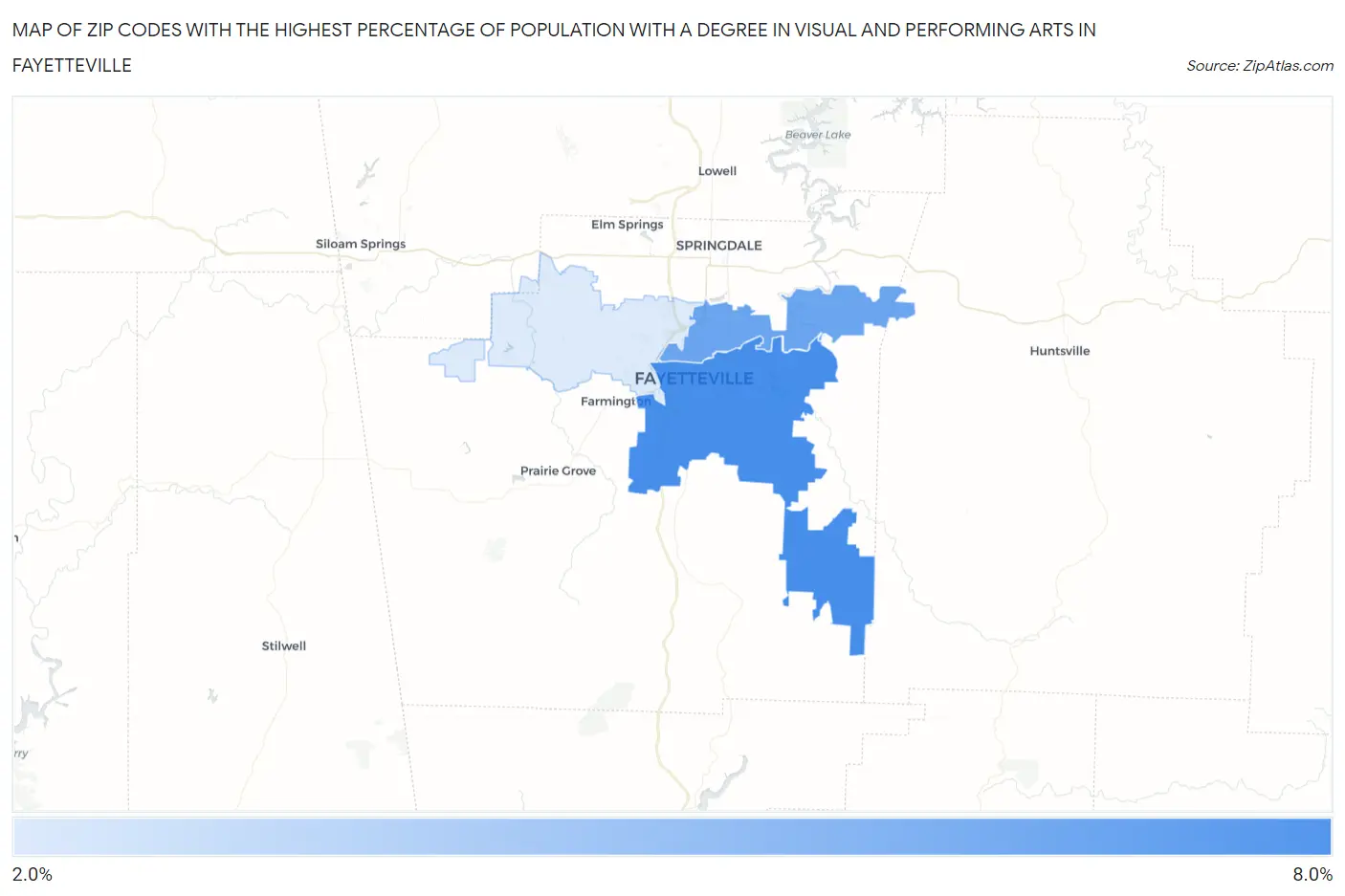 Zip Codes with the Highest Percentage of Population with a Degree in Visual and Performing Arts in Fayetteville Map