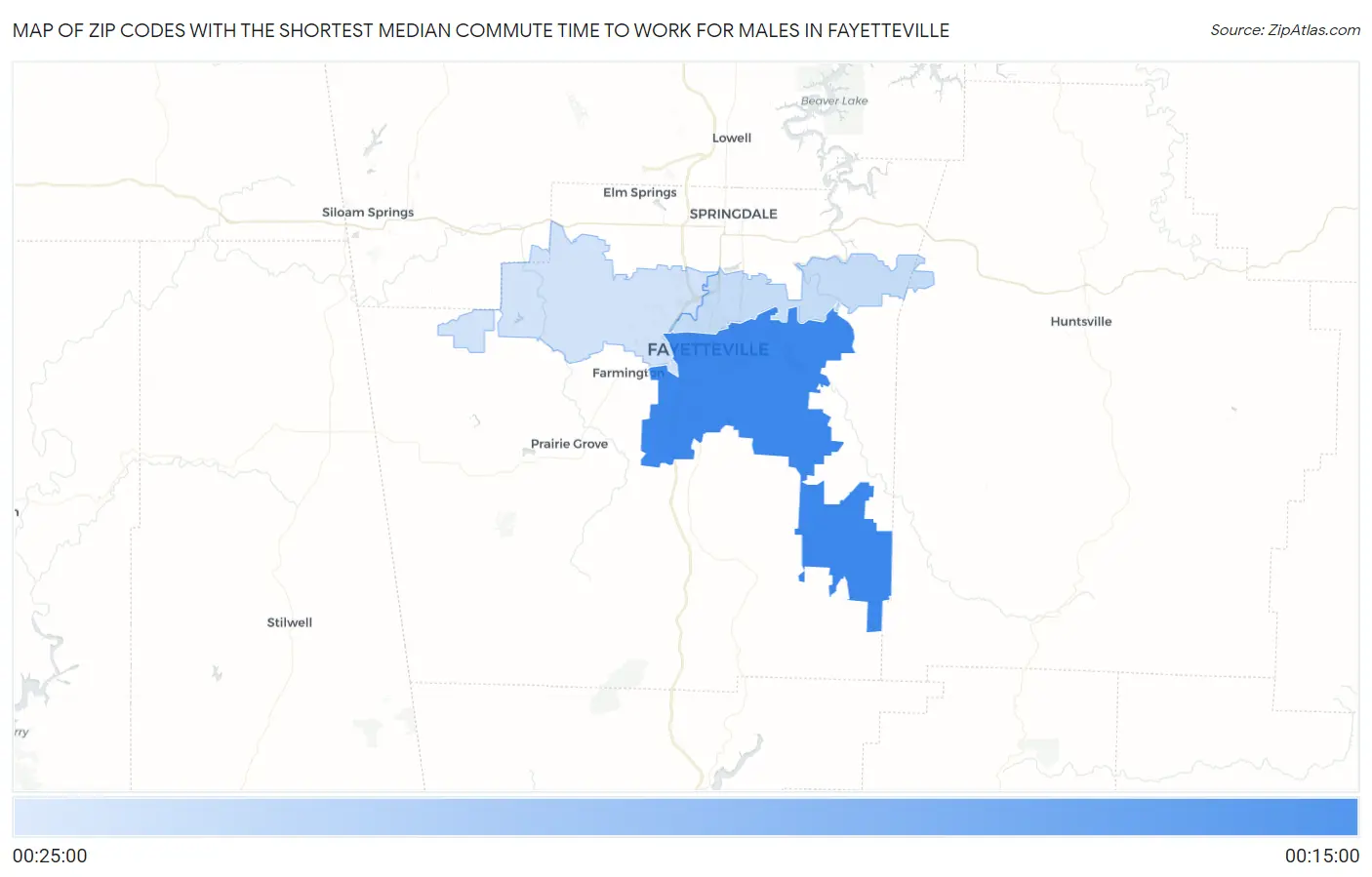 Zip Codes with the Shortest Median Commute Time to Work for Males in Fayetteville Map