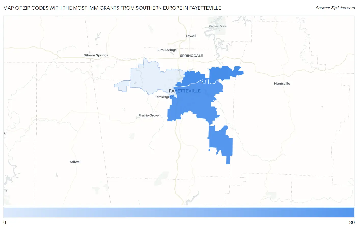 Zip Codes with the Most Immigrants from Southern Europe in Fayetteville Map