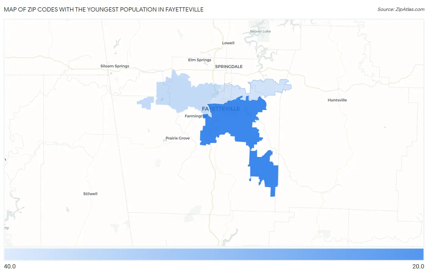 Zip Codes with the Youngest Population in Fayetteville Map