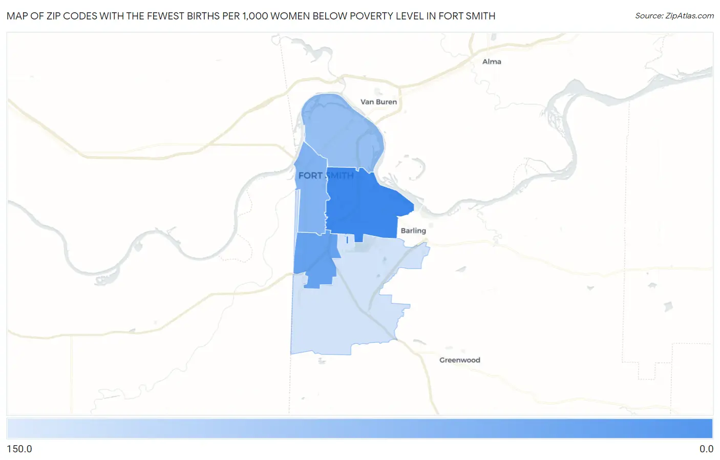 Zip Codes with the Fewest Births per 1,000 Women Below Poverty Level in Fort Smith Map