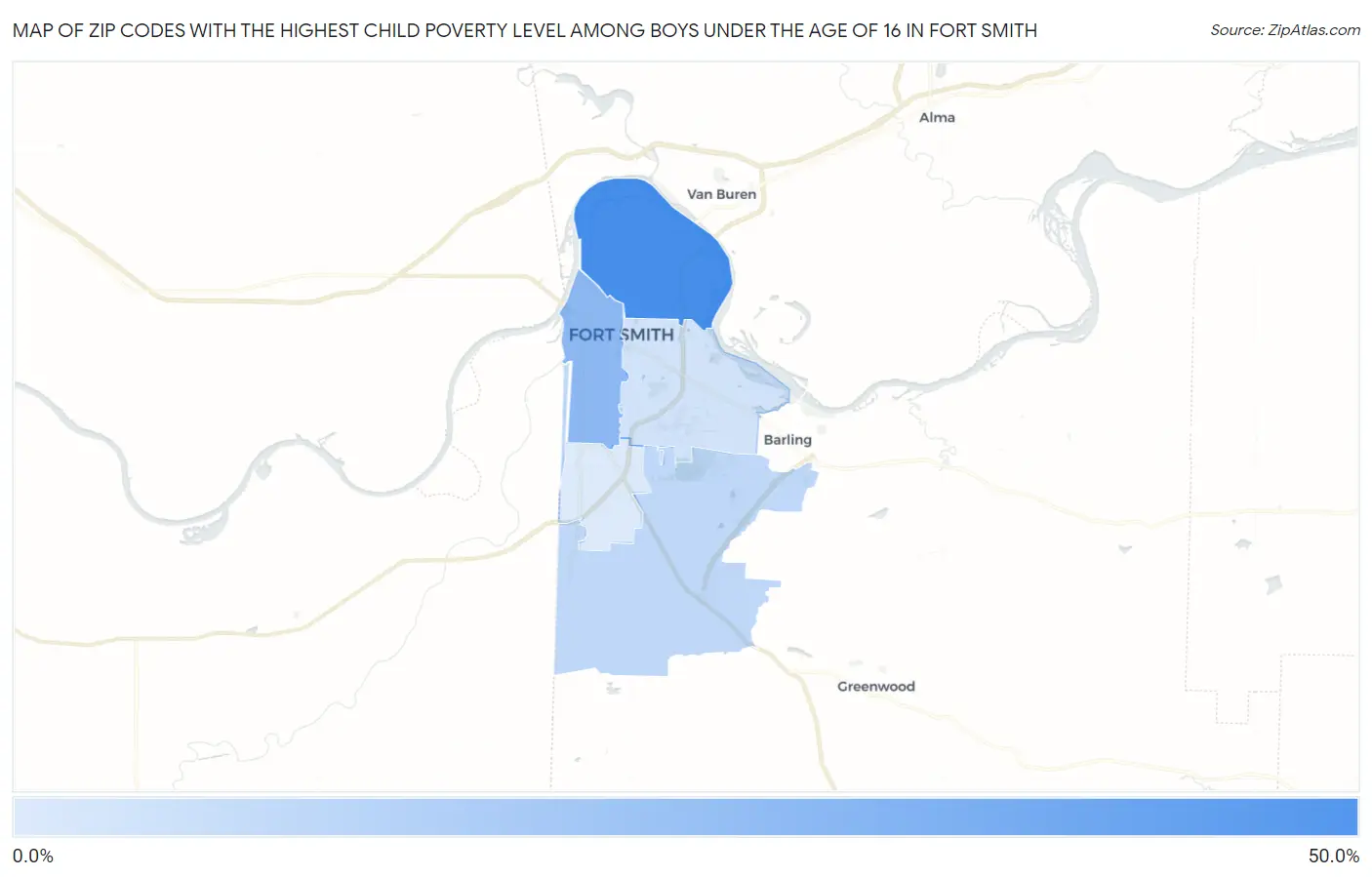 Zip Codes with the Highest Child Poverty Level Among Boys Under the Age of 16 in Fort Smith Map