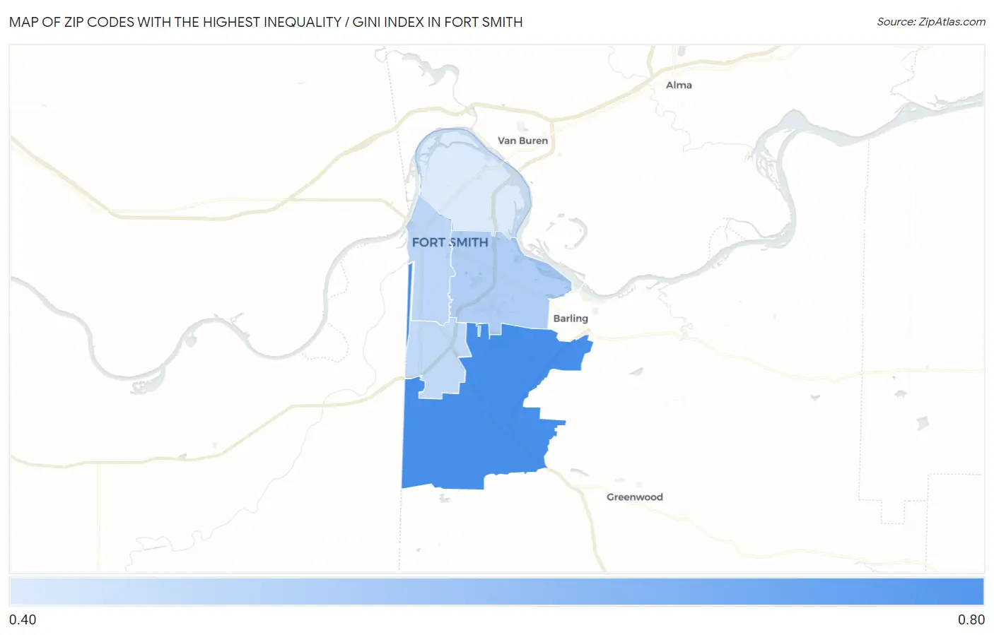 Zip Codes with the Highest Inequality / Gini Index in Fort Smith Map