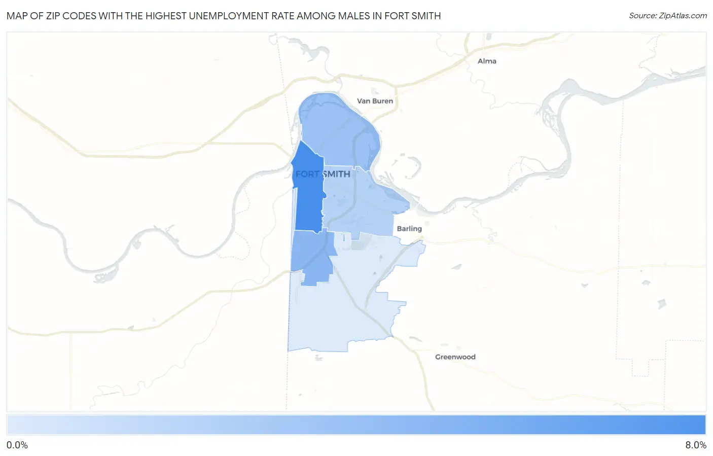 Zip Codes with the Highest Unemployment Rate Among Males in Fort Smith Map