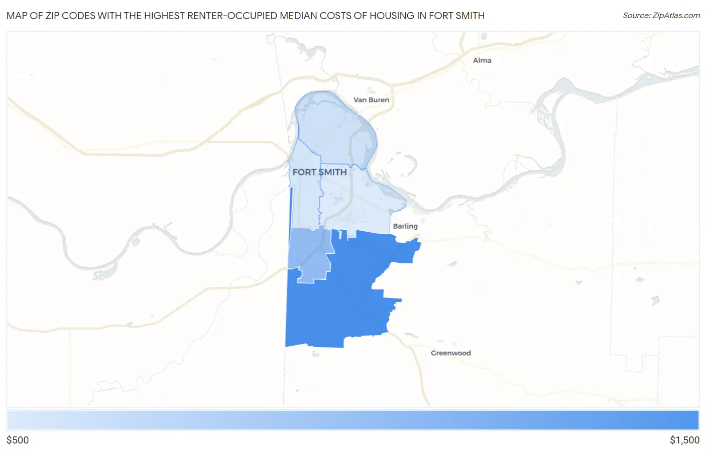 Zip Codes with the Highest Renter-Occupied Median Costs of Housing in Fort Smith Map