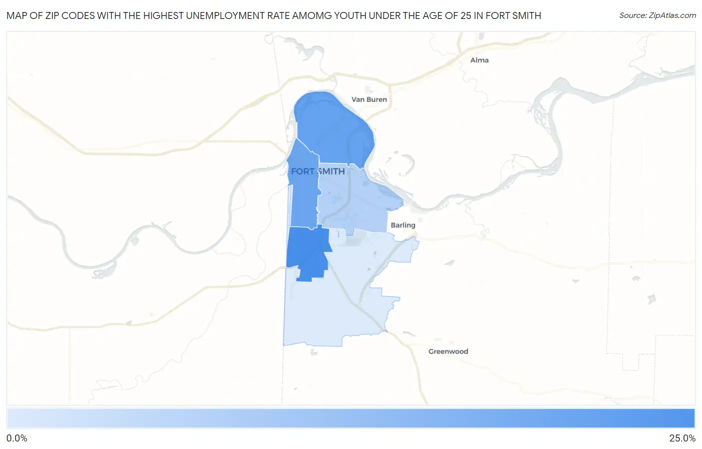 Zip Codes with the Highest Unemployment Rate Amomg Youth Under the Age of 25 in Fort Smith Map