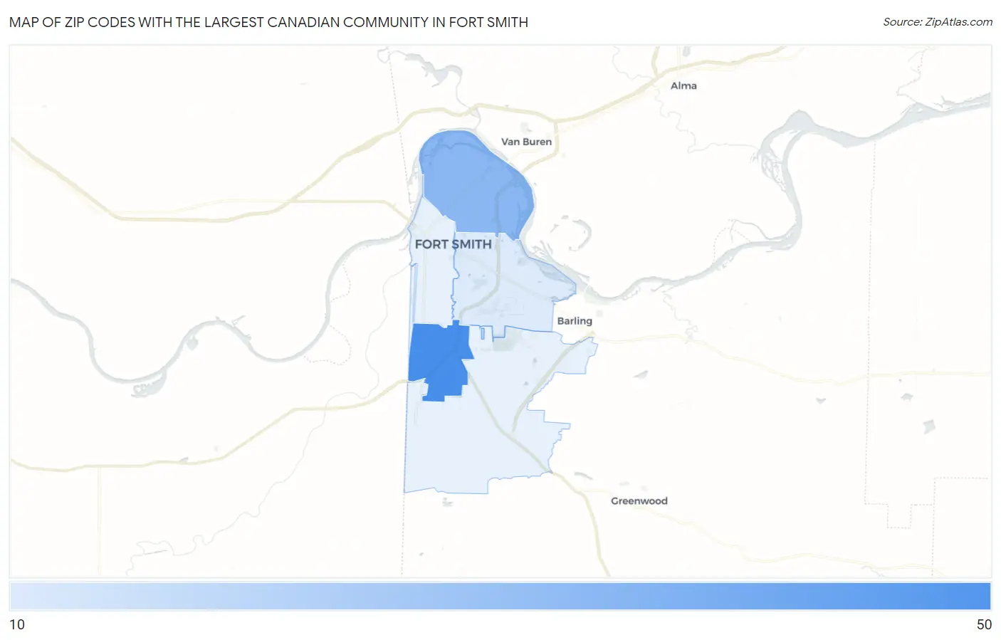 Zip Codes with the Largest Canadian Community in Fort Smith Map