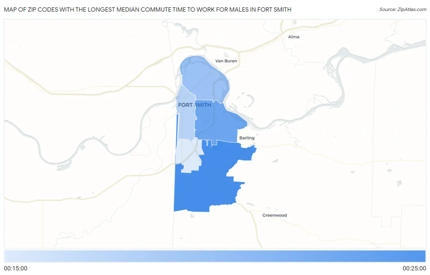 Zip Codes with the Longest Median Commute Time to Work for Males in Fort Smith Map