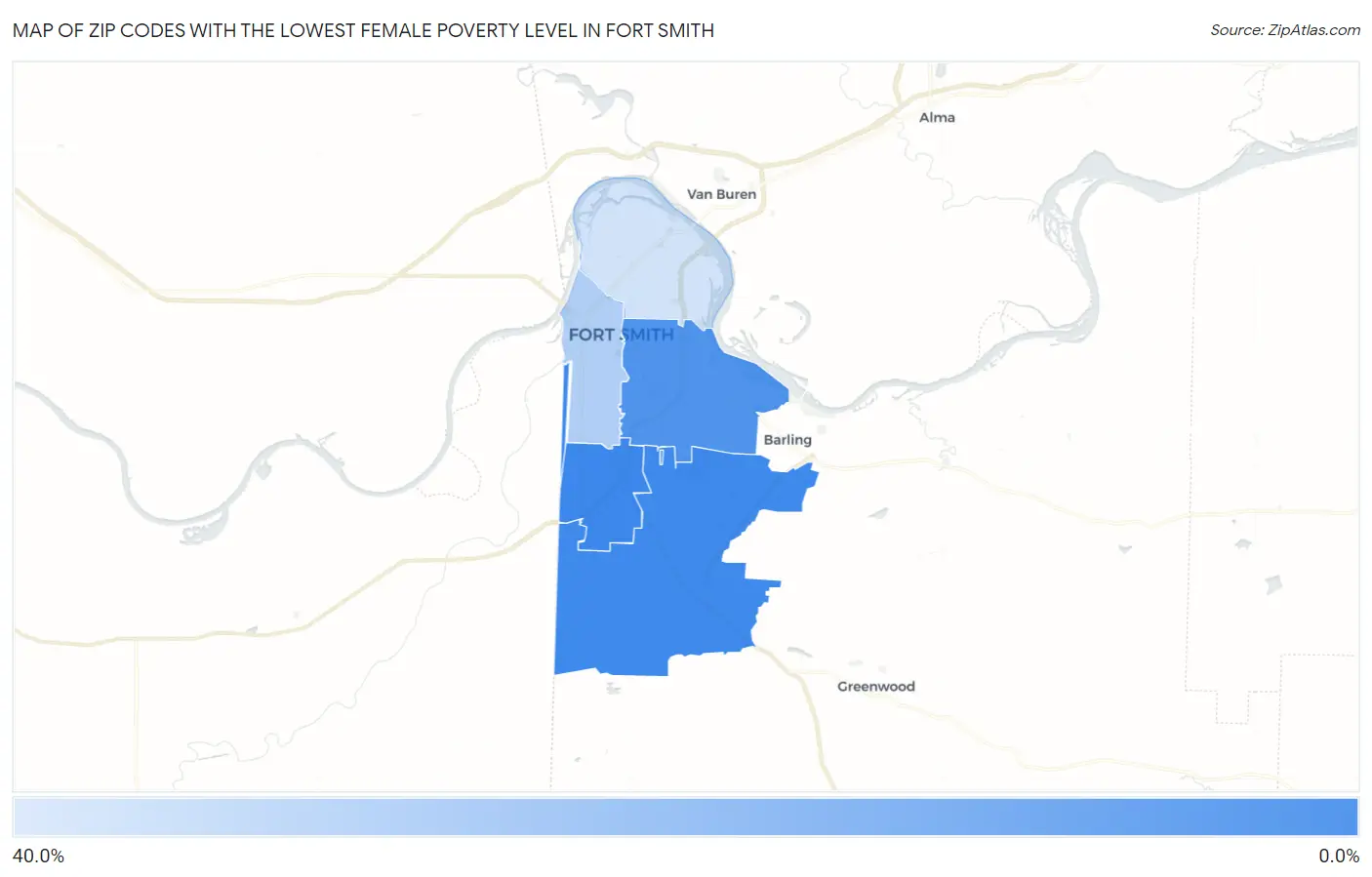 Zip Codes with the Lowest Female Poverty Level in Fort Smith Map