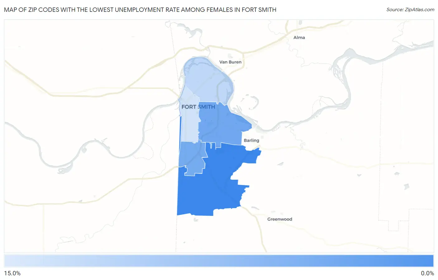 Zip Codes with the Lowest Unemployment Rate Among Females in Fort Smith Map