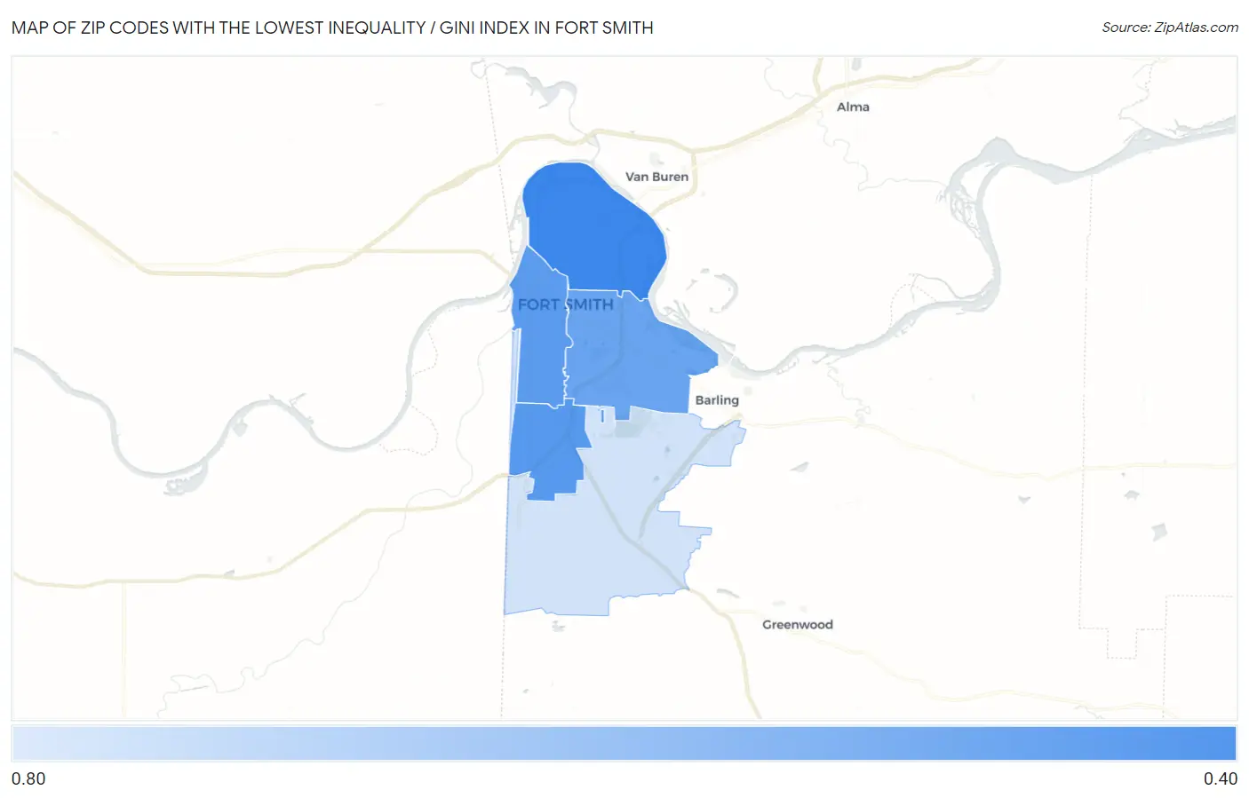 Zip Codes with the Lowest Inequality / Gini Index in Fort Smith Map