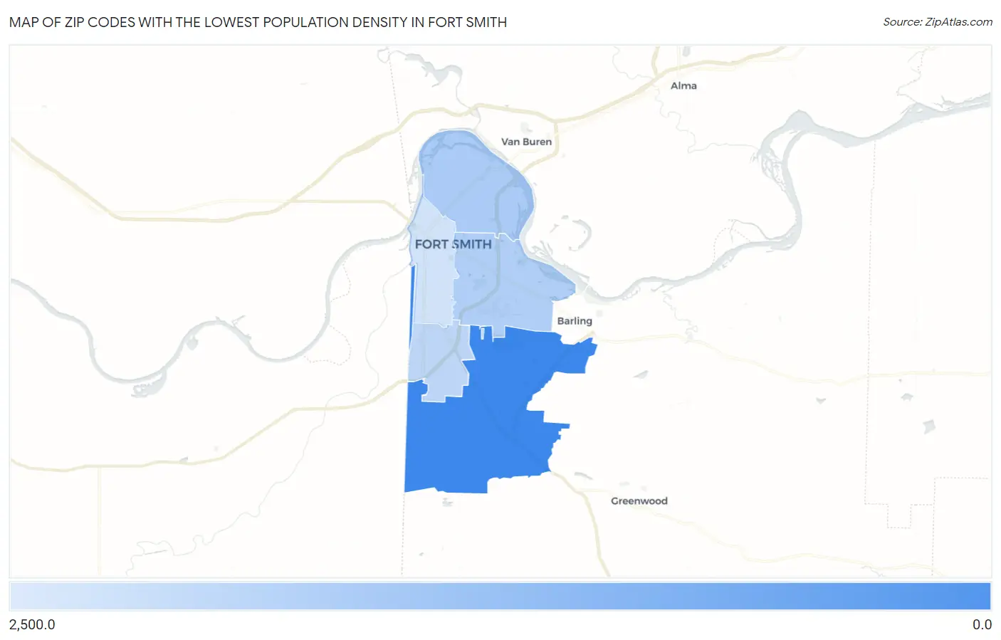 Zip Codes with the Lowest Population Density in Fort Smith Map