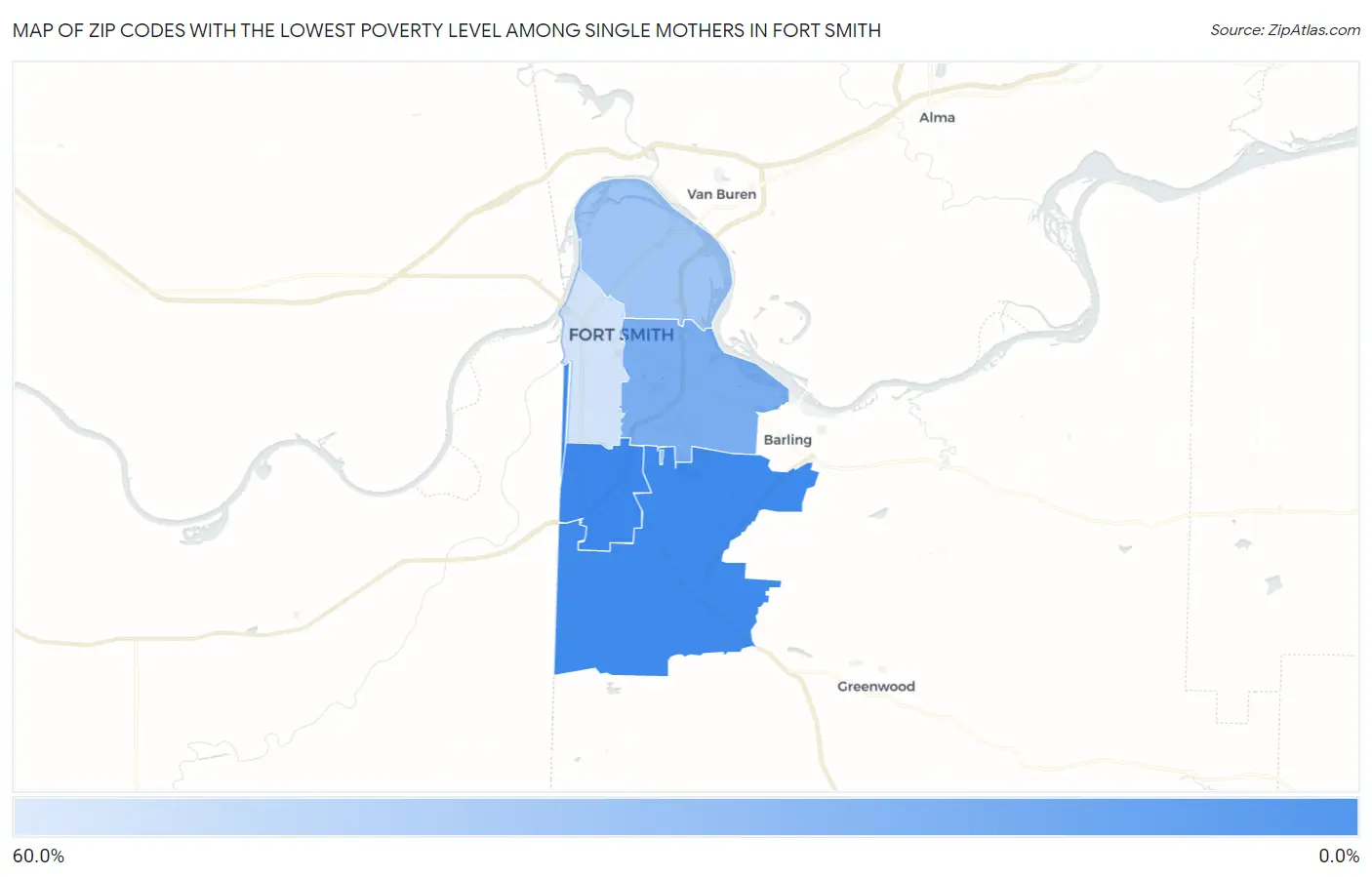 Zip Codes with the Lowest Poverty Level Among Single Mothers in Fort Smith Map