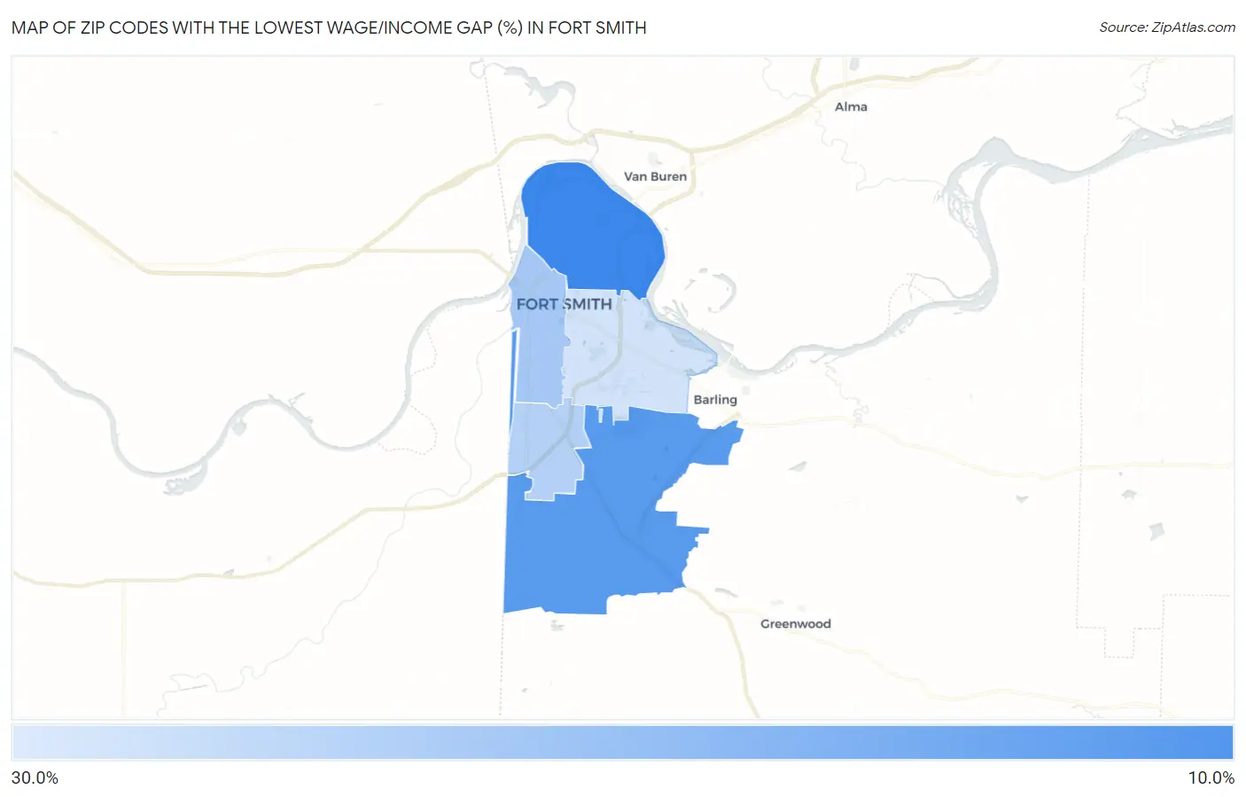 Zip Codes with the Lowest Wage/Income Gap (%) in Fort Smith Map