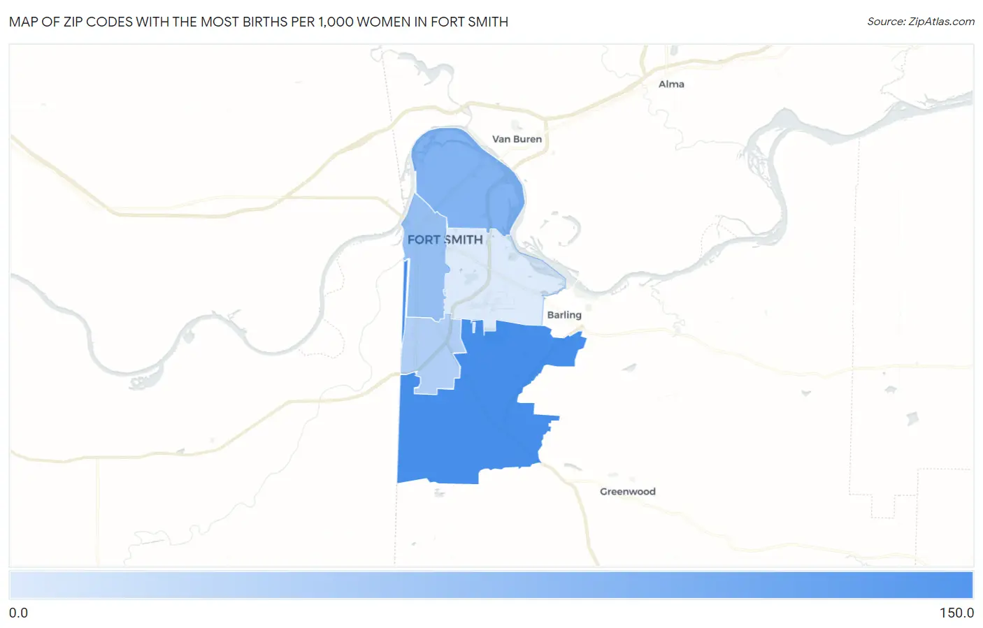 Zip Codes with the Most Births per 1,000 Women in Fort Smith Map