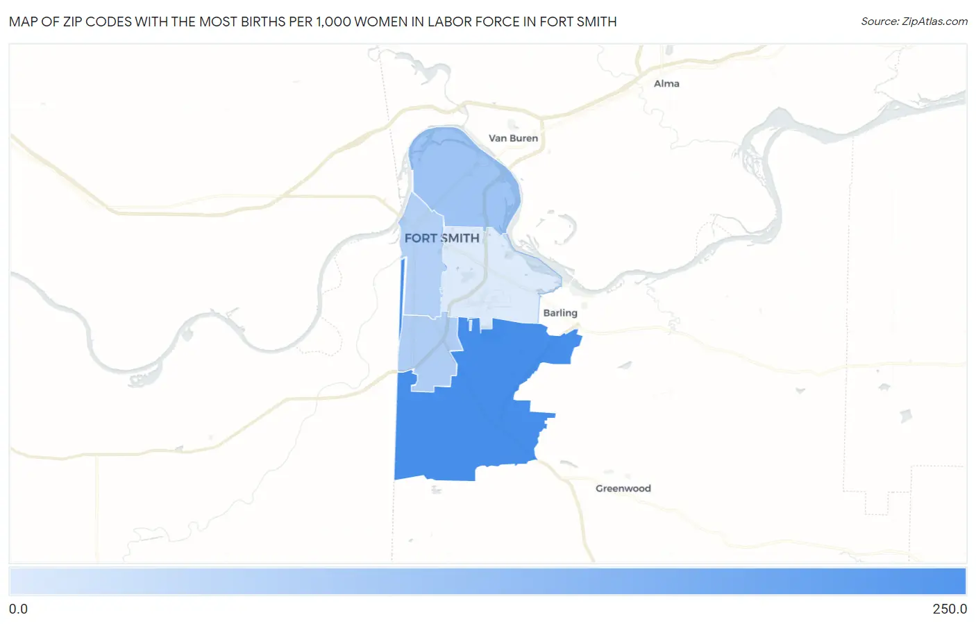 Zip Codes with the Most Births per 1,000 Women in Labor Force in Fort Smith Map