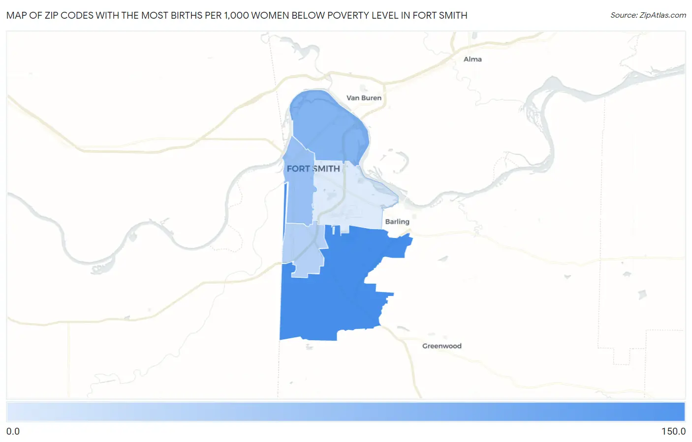Zip Codes with the Most Births per 1,000 Women Below Poverty Level in Fort Smith Map