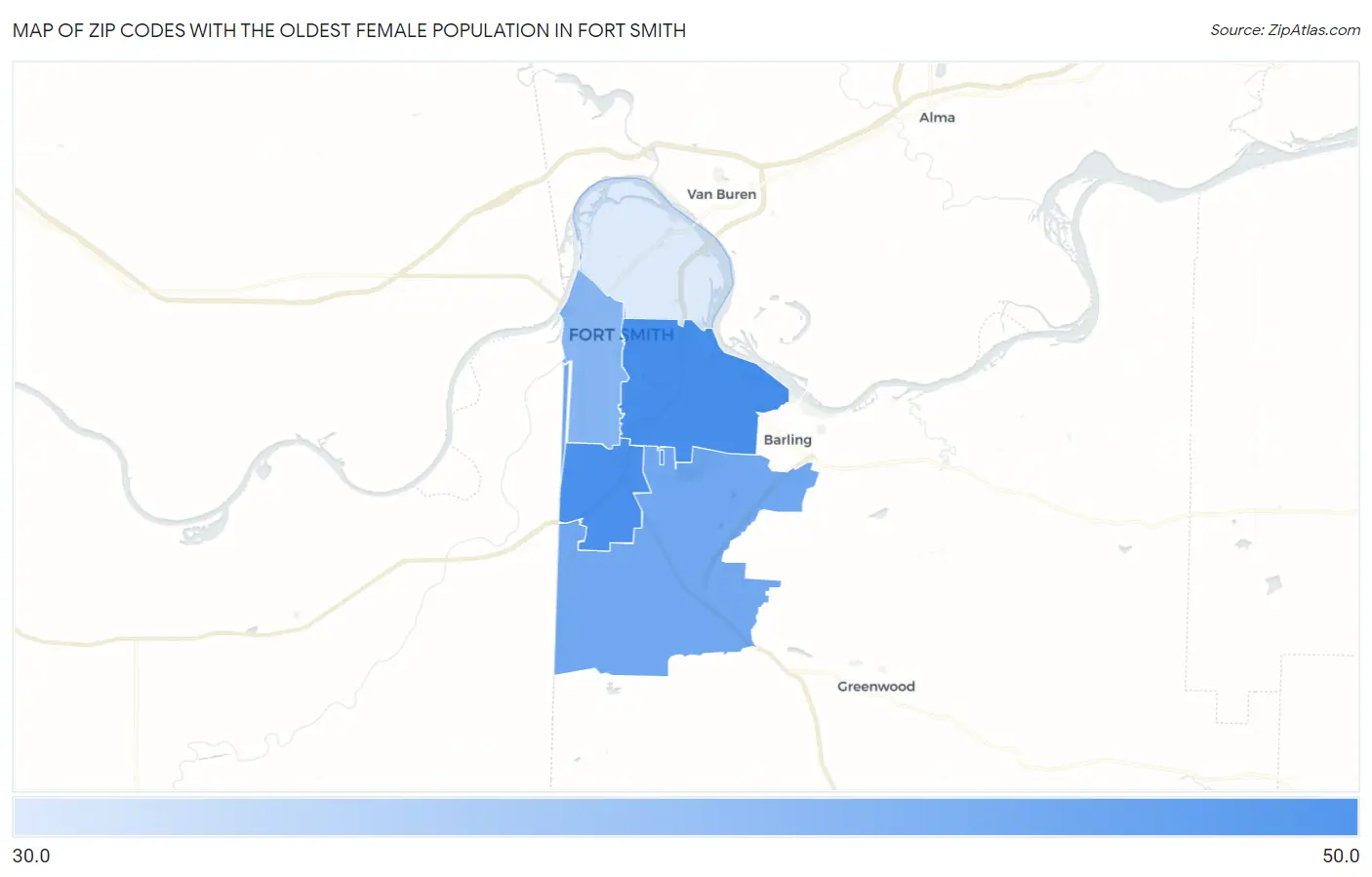 Zip Codes with the Oldest Female Population in Fort Smith Map