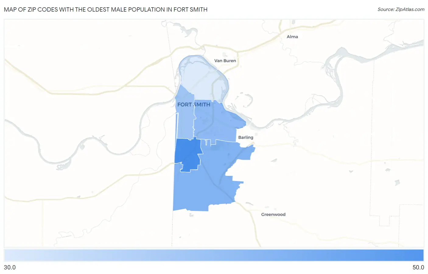 Zip Codes with the Oldest Male Population in Fort Smith Map