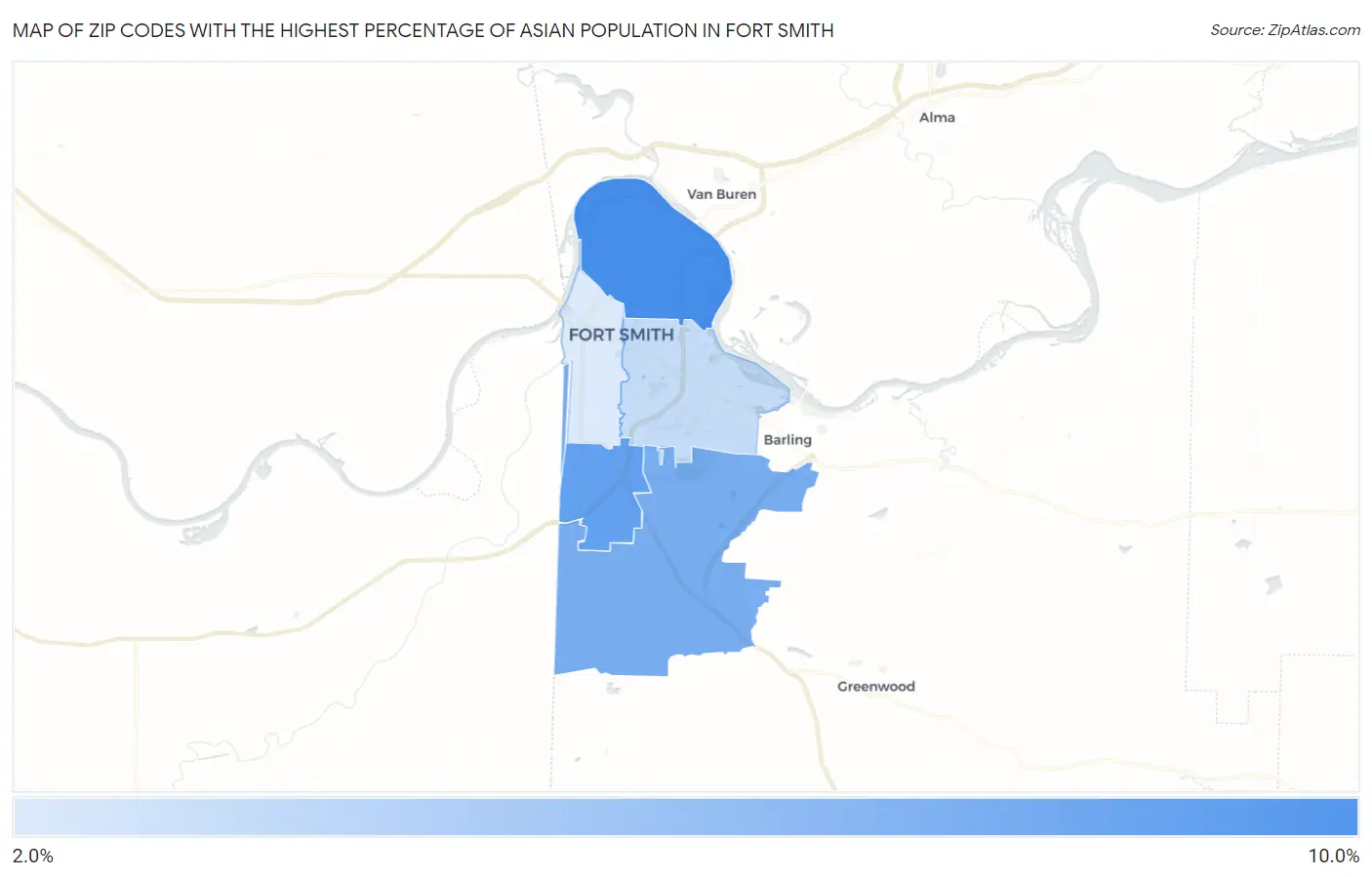 Zip Codes with the Highest Percentage of Asian Population in Fort Smith Map