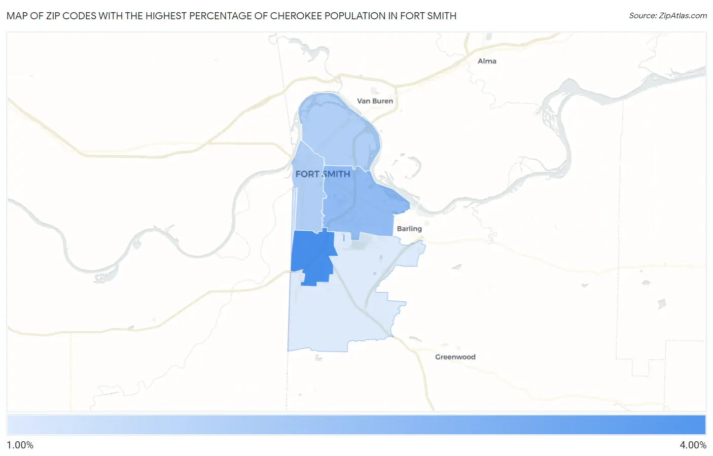 Zip Codes with the Highest Percentage of Cherokee Population in Fort Smith Map