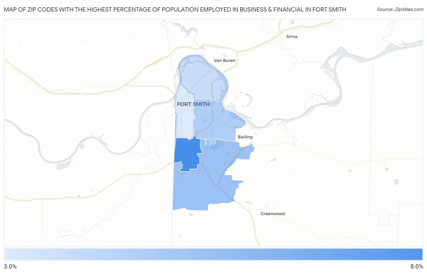 Zip Codes with the Highest Percentage of Population Employed in Business & Financial in Fort Smith Map