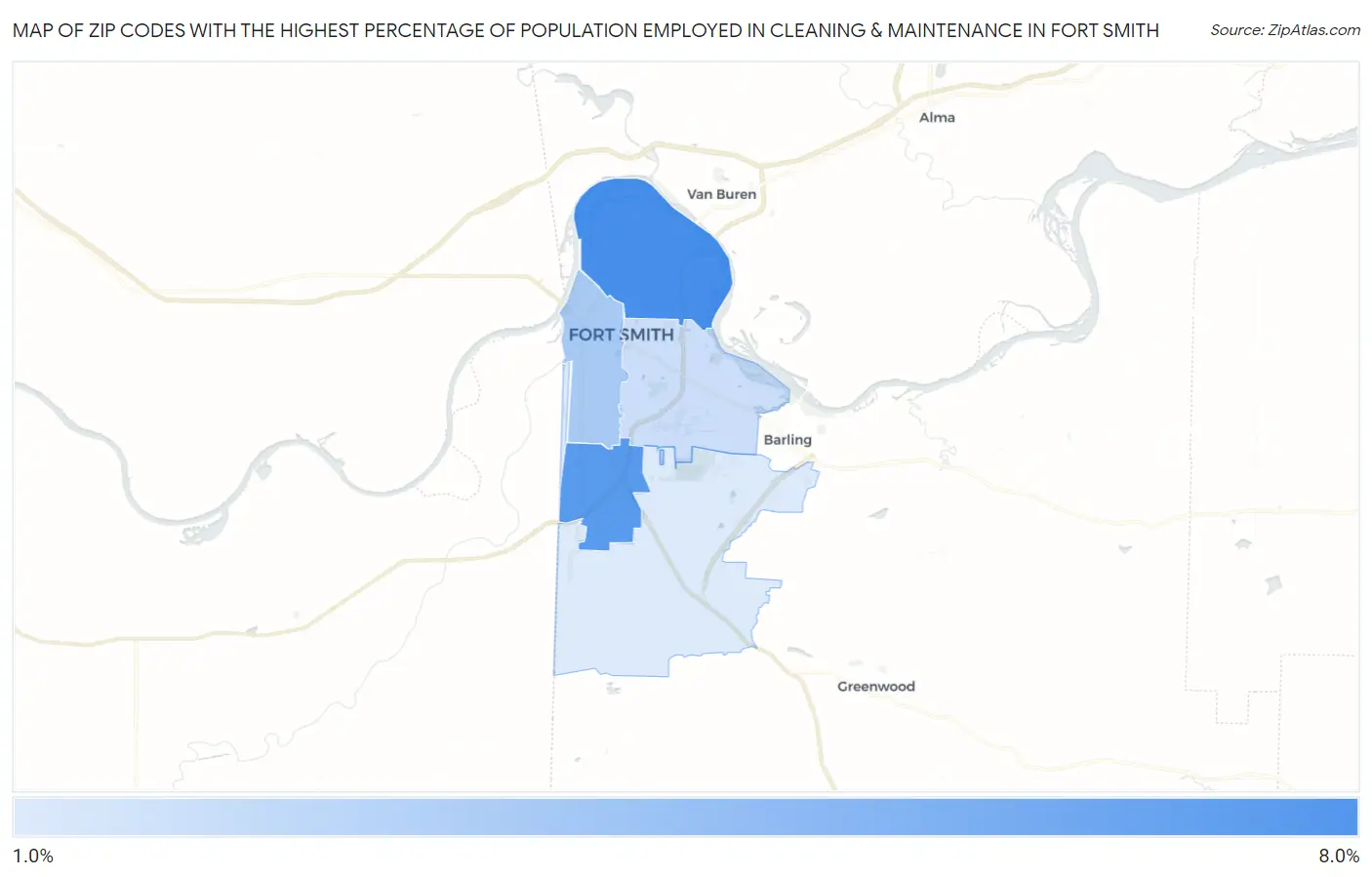 Zip Codes with the Highest Percentage of Population Employed in Cleaning & Maintenance in Fort Smith Map