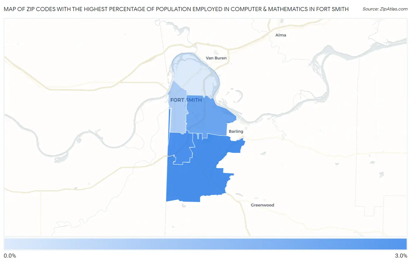 Zip Codes with the Highest Percentage of Population Employed in Computer & Mathematics in Fort Smith Map