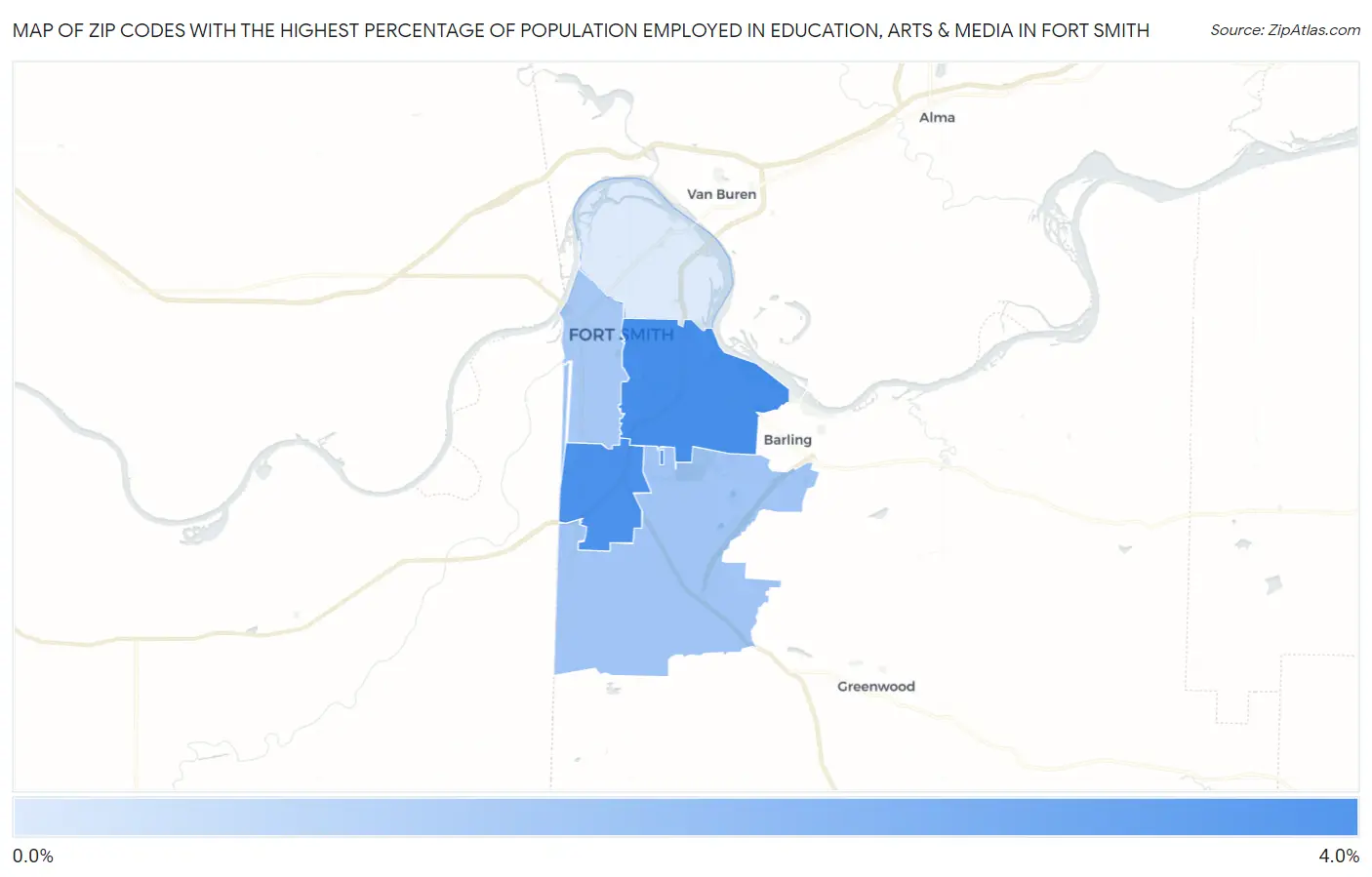 Zip Codes with the Highest Percentage of Population Employed in Education, Arts & Media in Fort Smith Map