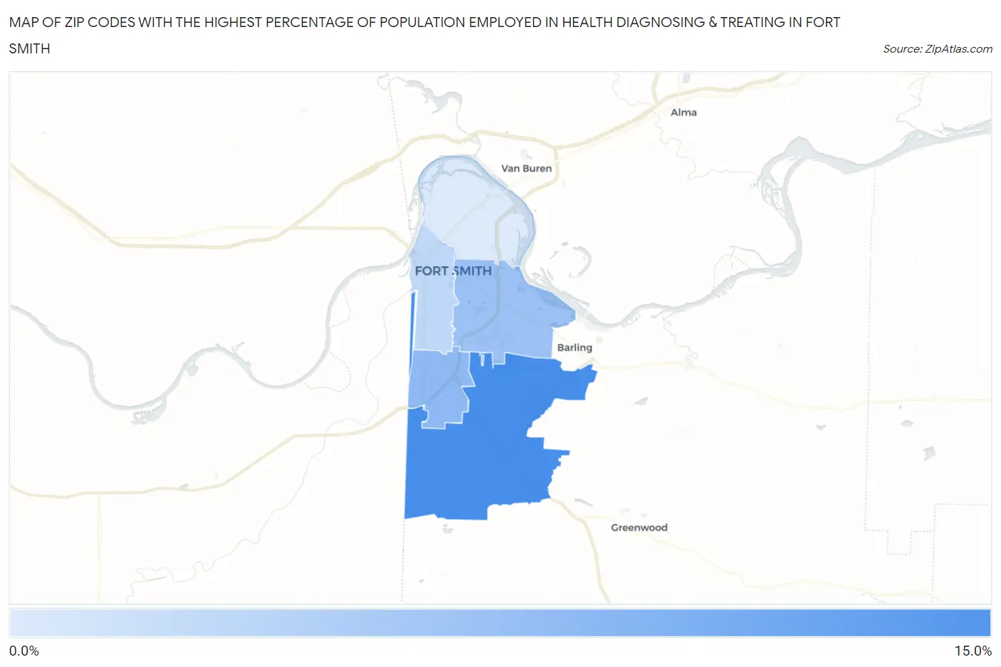 Zip Codes with the Highest Percentage of Population Employed in Health Diagnosing & Treating in Fort Smith Map