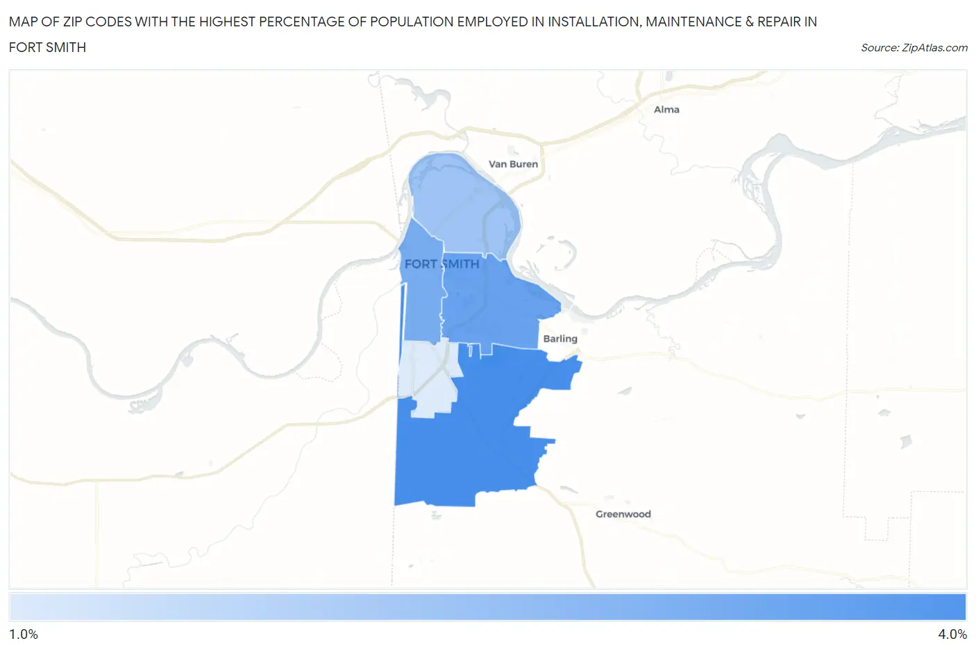 Zip Codes with the Highest Percentage of Population Employed in Installation, Maintenance & Repair in Fort Smith Map