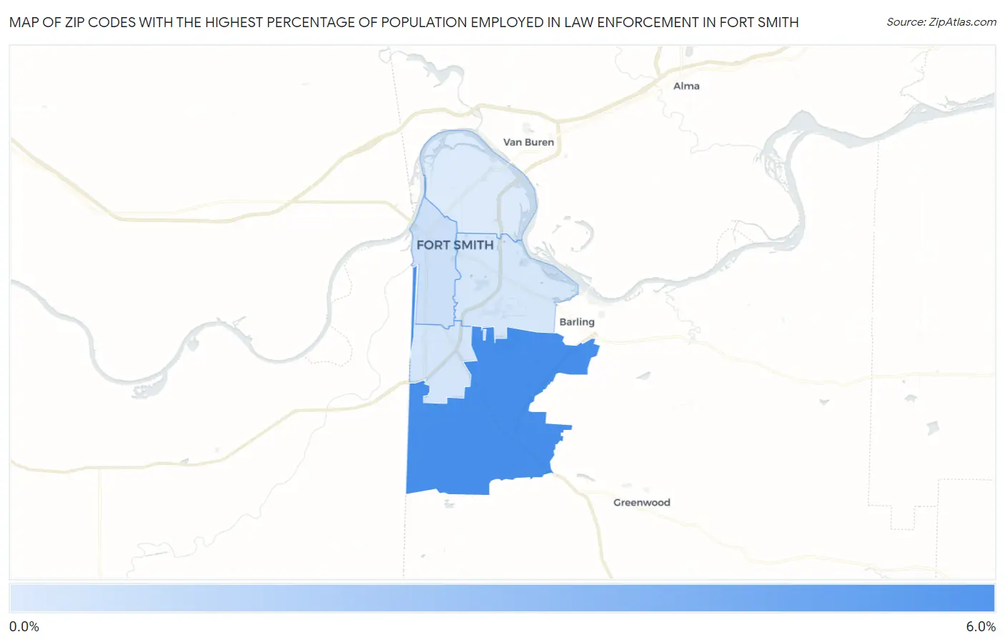 Zip Codes with the Highest Percentage of Population Employed in Law Enforcement in Fort Smith Map