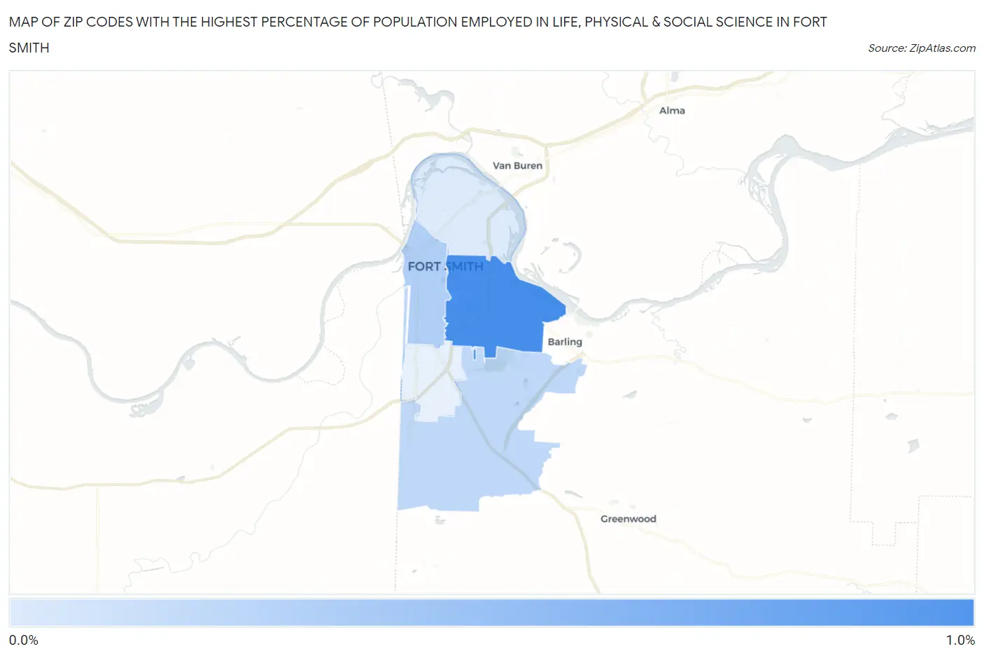 Zip Codes with the Highest Percentage of Population Employed in Life, Physical & Social Science in Fort Smith Map