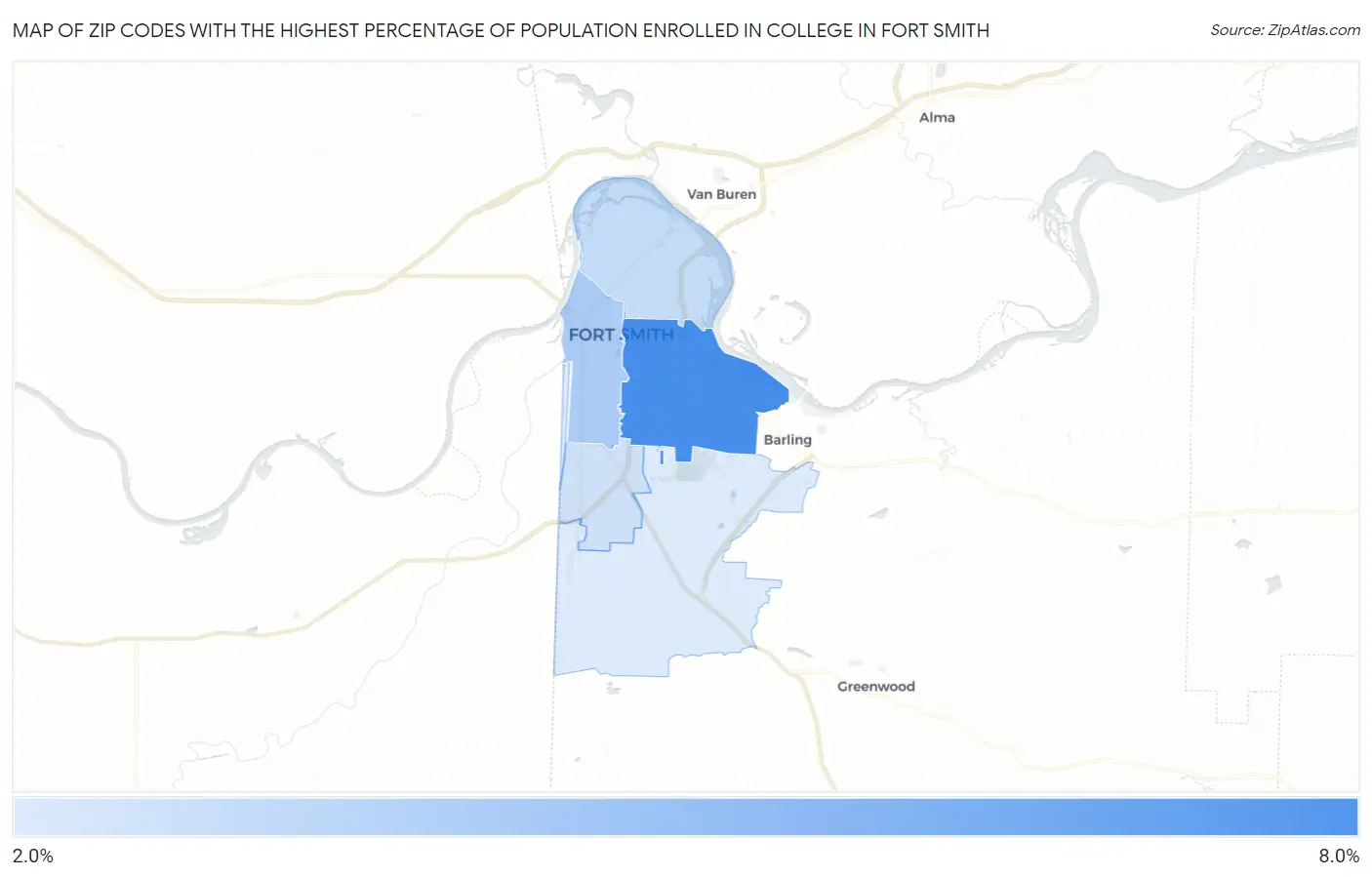Zip Codes with the Highest Percentage of Population Enrolled in College in Fort Smith Map