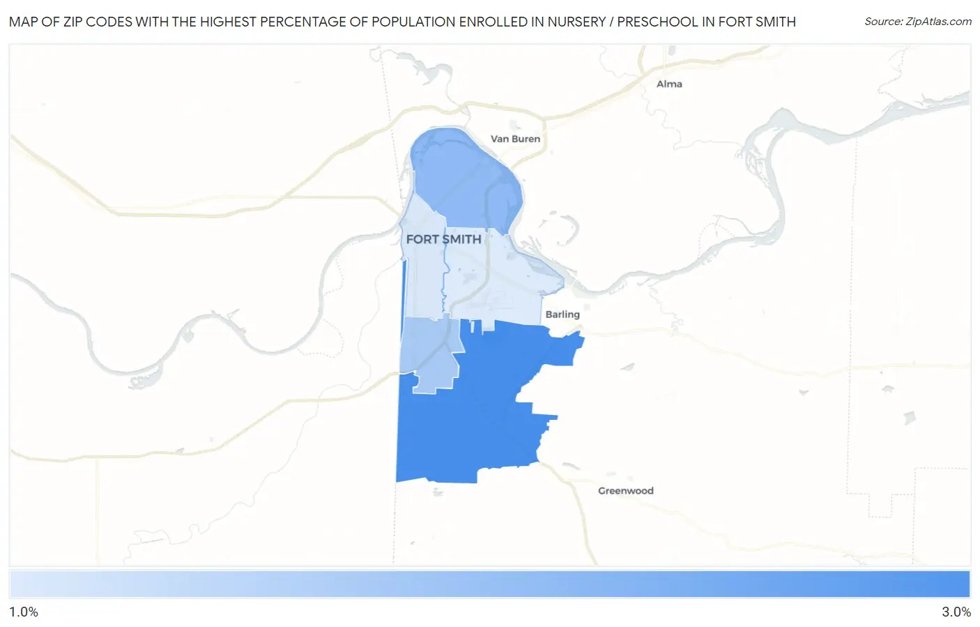 Zip Codes with the Highest Percentage of Population Enrolled in Nursery / Preschool in Fort Smith Map