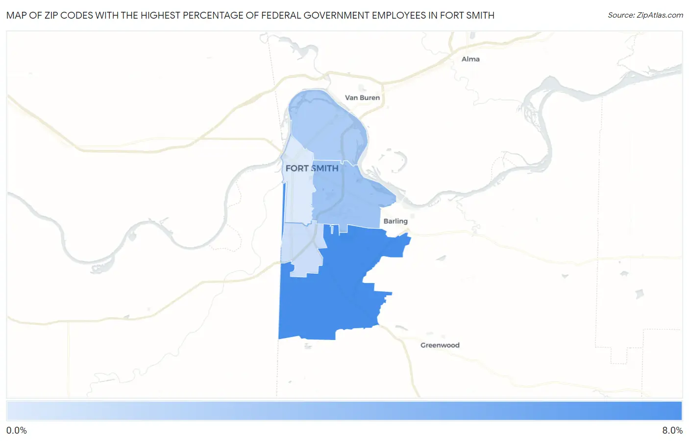 Zip Codes with the Highest Percentage of Federal Government Employees in Fort Smith Map