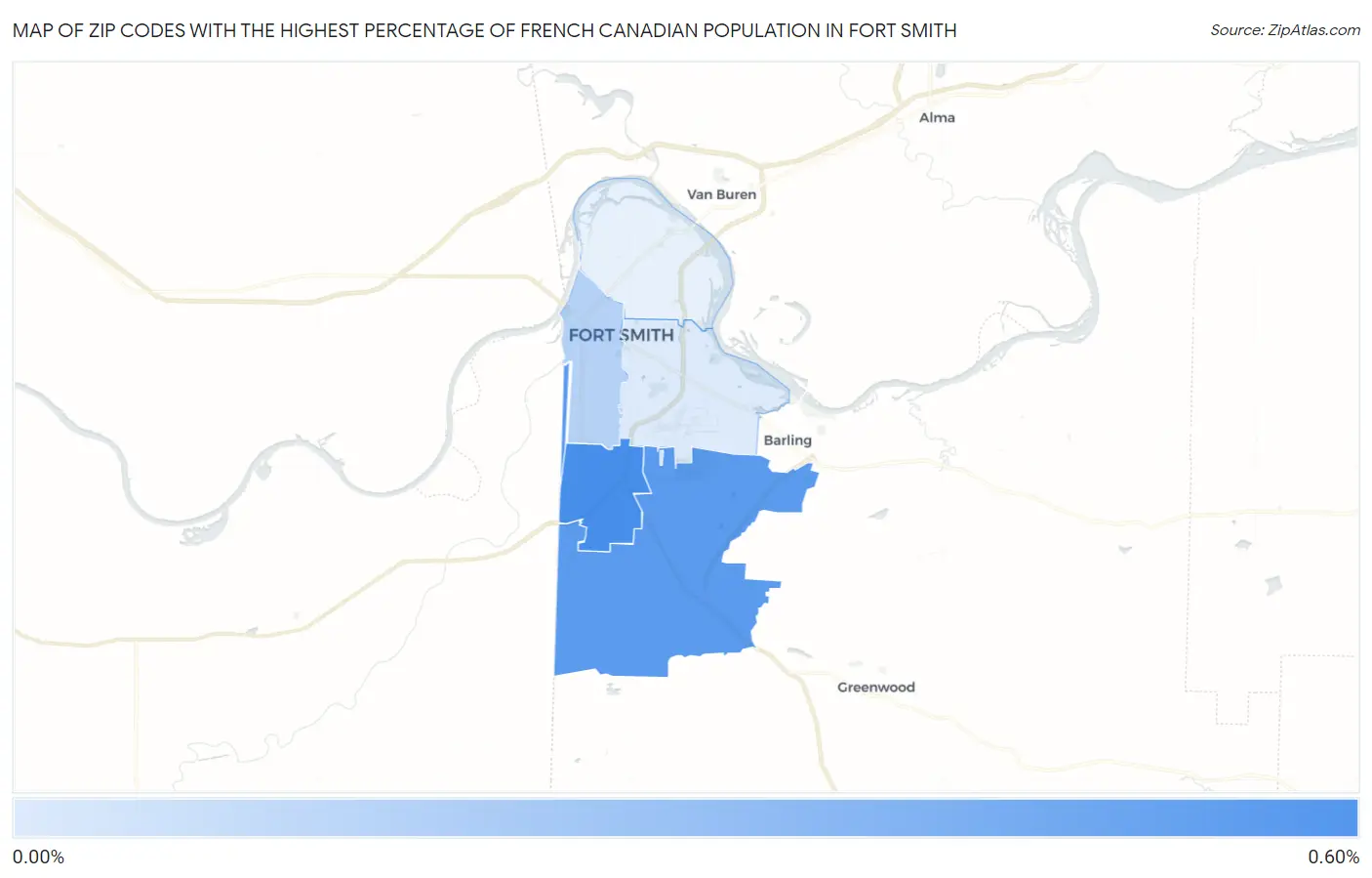 Zip Codes with the Highest Percentage of French Canadian Population in Fort Smith Map