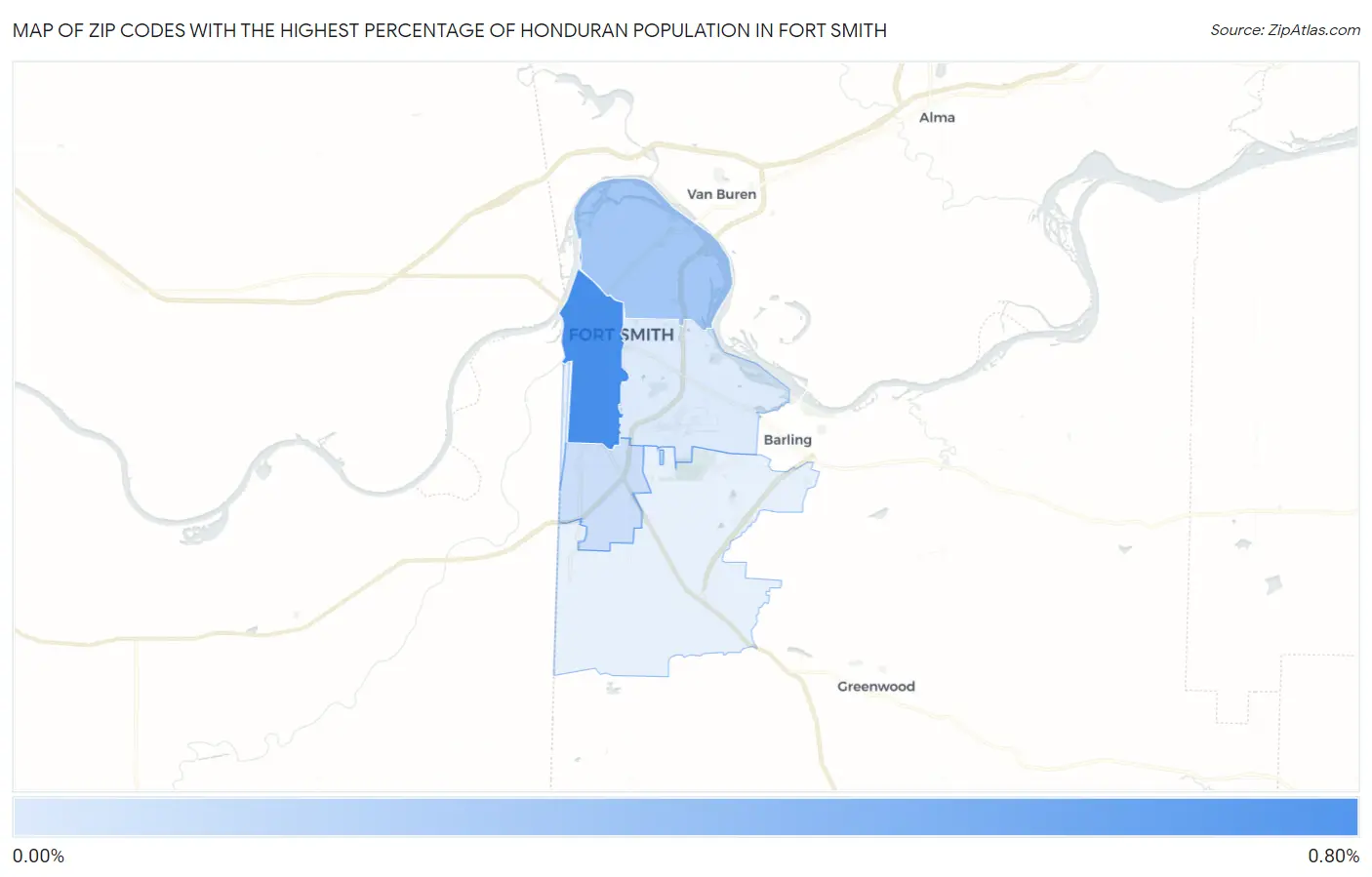 Zip Codes with the Highest Percentage of Honduran Population in Fort Smith Map