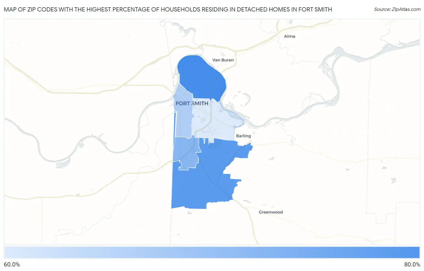 Zip Codes with the Highest Percentage of Households Residing in Detached Homes in Fort Smith Map
