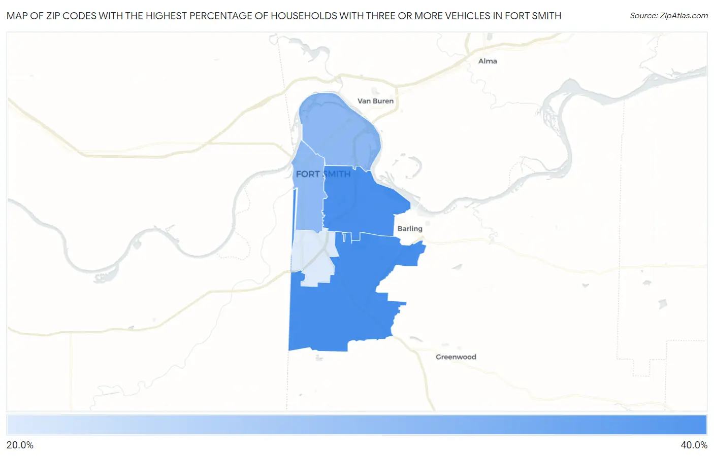 Zip Codes with the Highest Percentage of Households With Three or more Vehicles in Fort Smith Map