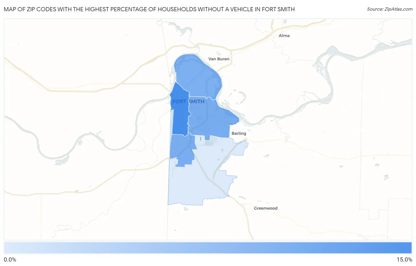 Zip Codes with the Highest Percentage of Households Without a Vehicle in Fort Smith Map