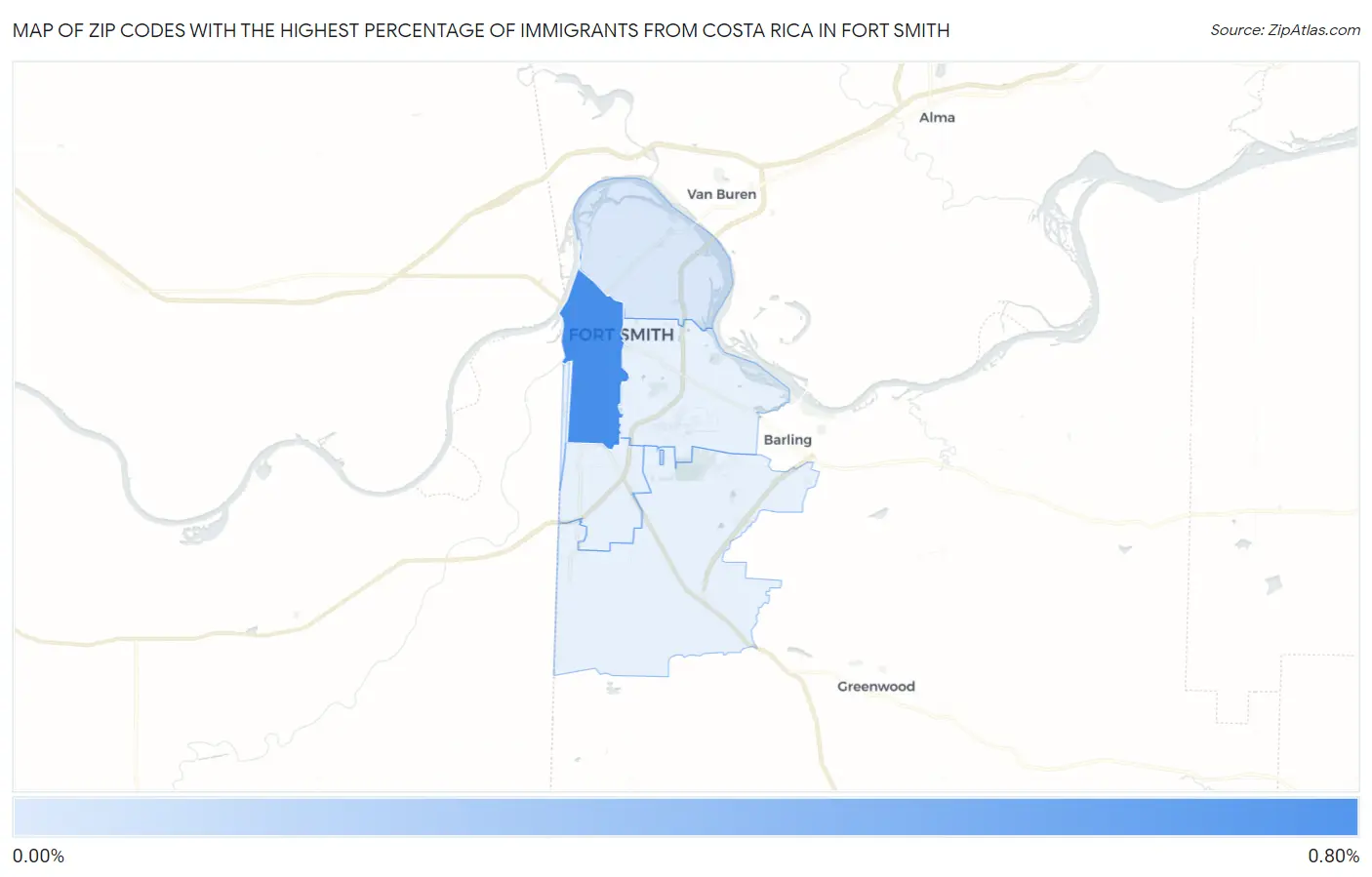 Zip Codes with the Highest Percentage of Immigrants from Costa Rica in Fort Smith Map