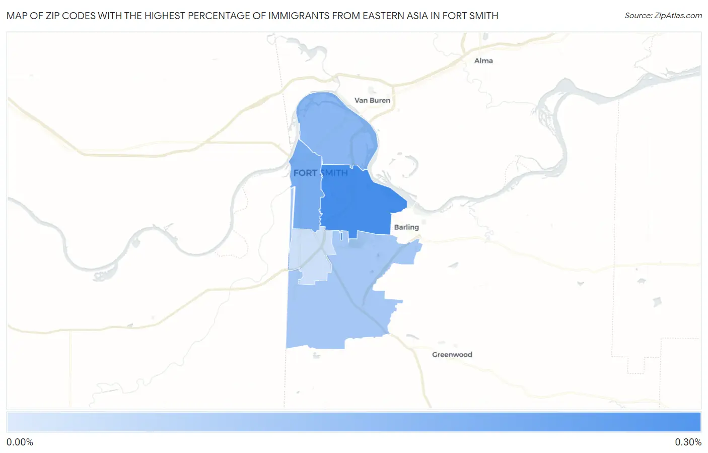 Zip Codes with the Highest Percentage of Immigrants from Eastern Asia in Fort Smith Map