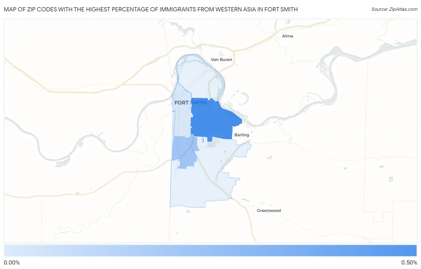 Zip Codes with the Highest Percentage of Immigrants from Western Asia in Fort Smith Map