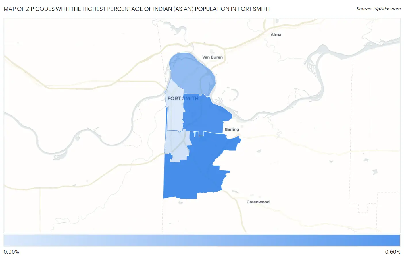 Zip Codes with the Highest Percentage of Indian (Asian) Population in Fort Smith Map